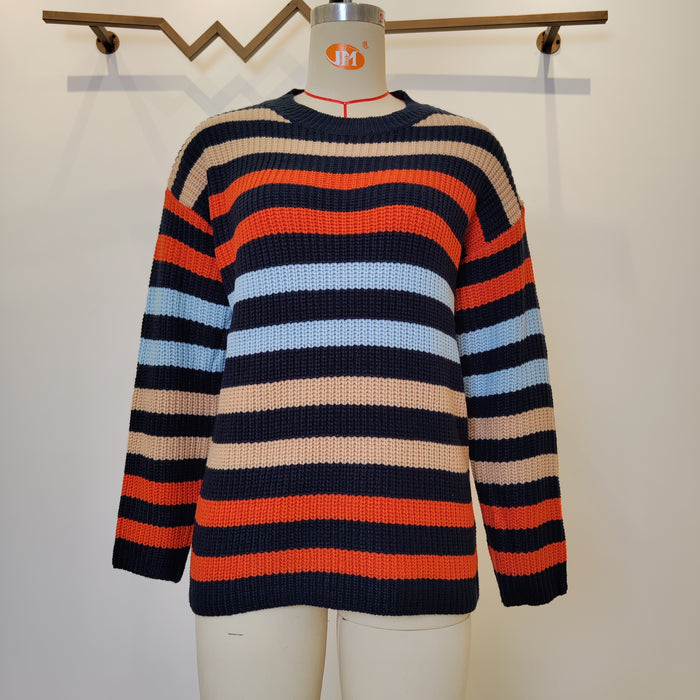 Color-Autumn Contrast Color Striped Sweater Round Neck Office Loose Fitting Long Sleeve Sweater-Fancey Boutique