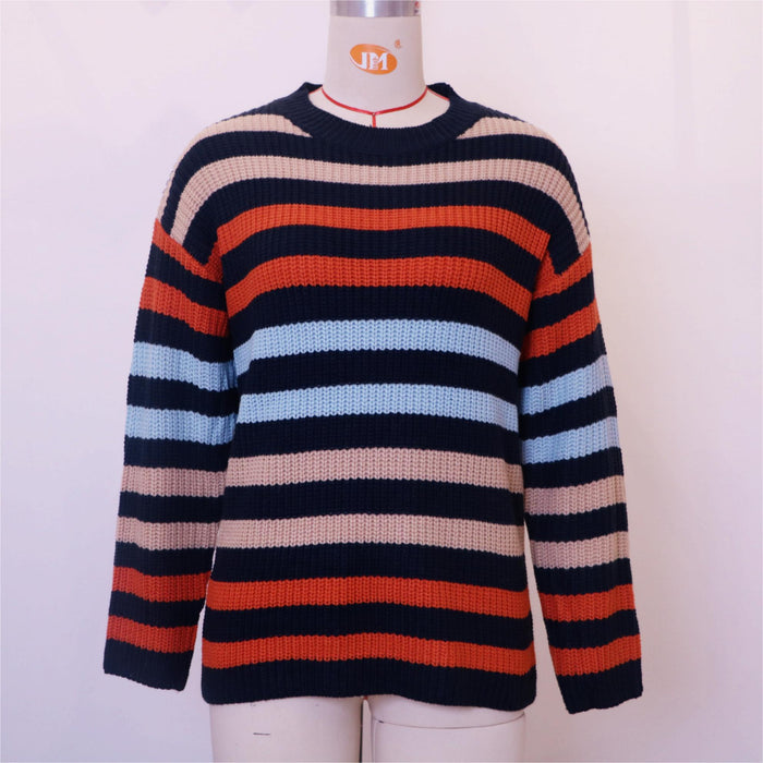 Color-Autumn Contrast Color Striped Sweater Round Neck Office Loose Fitting Long Sleeve Sweater-Fancey Boutique