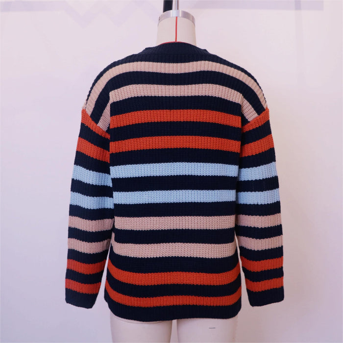 Color-Autumn Contrast Color Striped Sweater Round Neck Office Loose Fitting Long Sleeve Sweater-Fancey Boutique