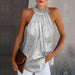 Color-Double Silver Halter Zipper Sleeveless T shirt Casual Top-Fancey Boutique