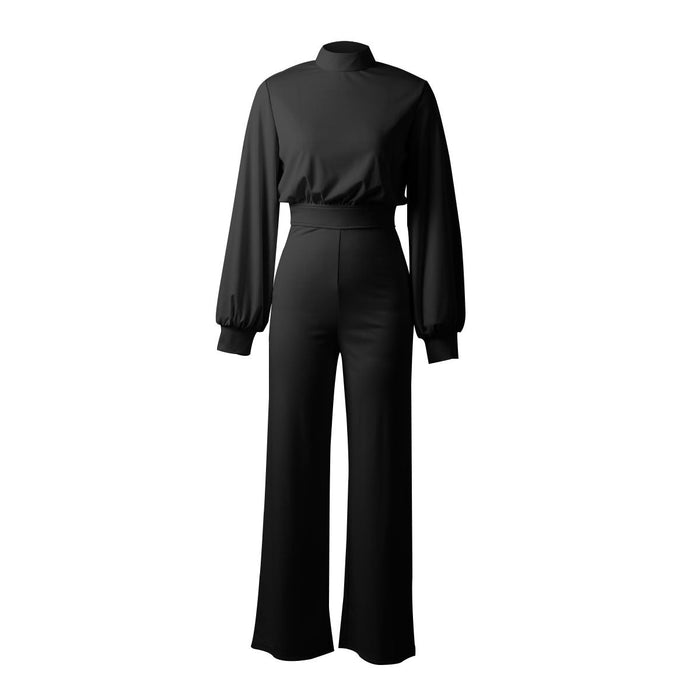 Color-Black-Solid Color Turtleneck Backless Long Sleeves Casual One piece Trousers-Fancey Boutique