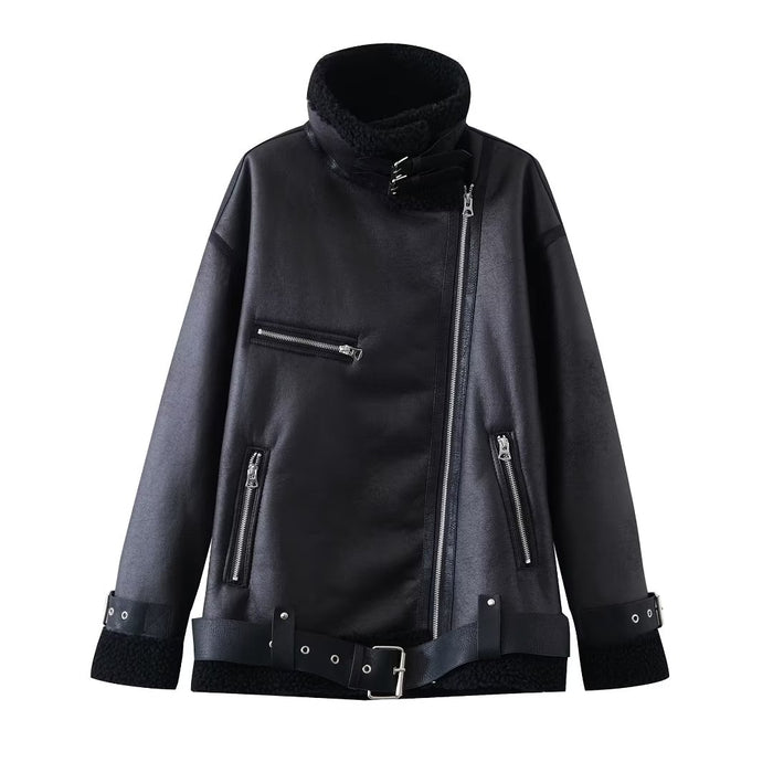 Color-Women Thickened Coat with Belt Fur Autumn Winter Retro Casual Loose Motorcycle Clothing Jacket-Fancey Boutique