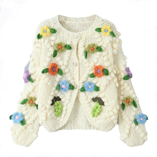 Color-White-Sweet Girl Handmade Floral Sweater Autumn Loose Lazy Sweater Niche Cardigan Coat-Fancey Boutique