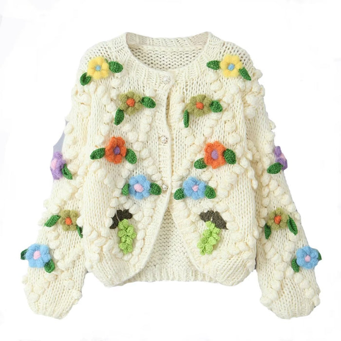 Color-White-Sweet Girl Handmade Floral Sweater Autumn Loose Lazy Sweater Niche Cardigan Coat-Fancey Boutique