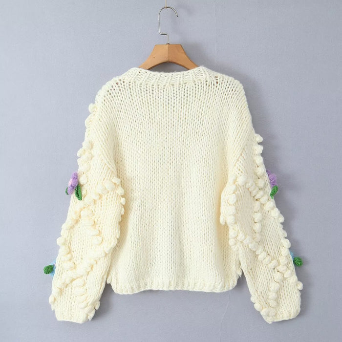 Color-White-Sweet Girl Handmade Floral Sweater Autumn Loose Lazy Sweater Niche Cardigan Coat-Fancey Boutique