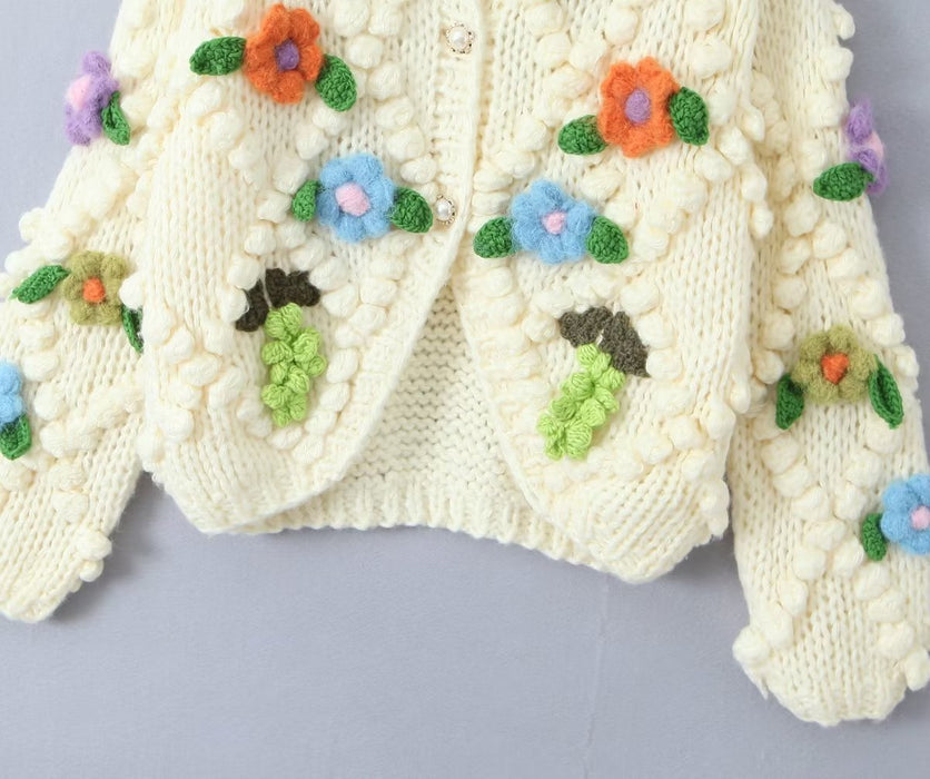 Color-White-Sweet Girl Handmade Floral Sweater Autumn Loose Lazy Sweater Niche Cardigan Coat-Fancey Boutique