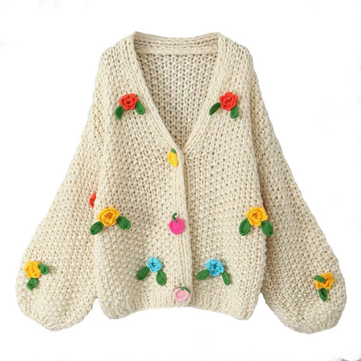Color-Apricot-Sweet Gentle Handmade Colorful Floral Sweater Autumn Loose Lazy Top Western Youthful Looking Cardigan Coat-Fancey Boutique