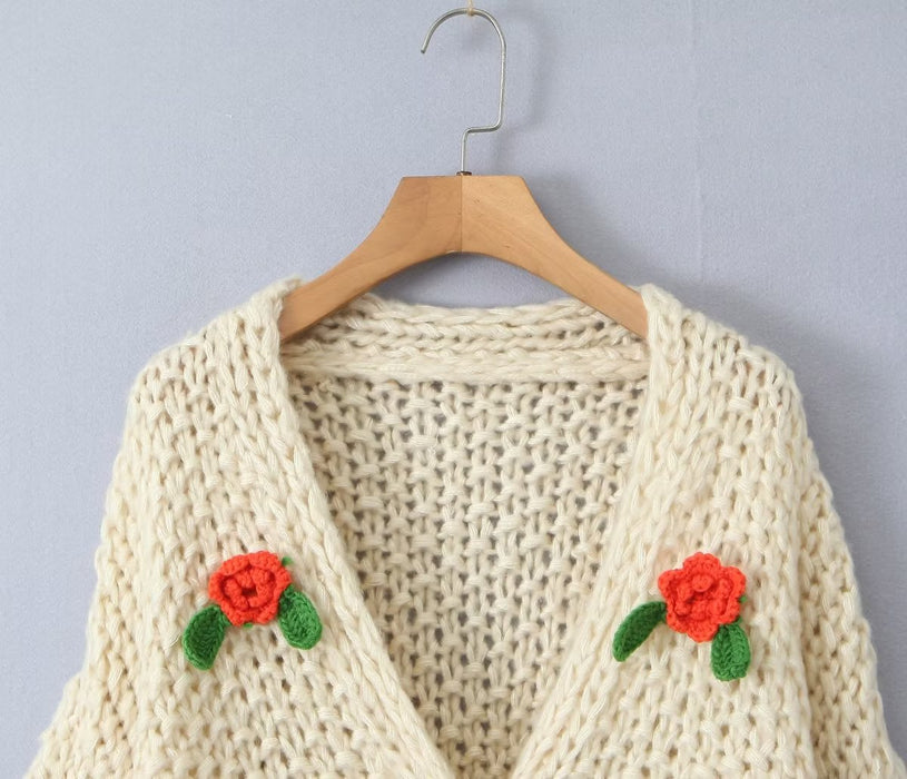 Color-Apricot-Sweet Gentle Handmade Colorful Floral Sweater Autumn Loose Lazy Top Western Youthful Looking Cardigan Coat-Fancey Boutique