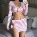 Color-Summer Arrival Sexy Sexy V neck Long Sleeve Short Top Patchwork Stripes Skirt Outfit-Fancey Boutique