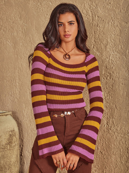 Color-Women Round Neck Striped Knitwear Sweater Women Top-Fancey Boutique