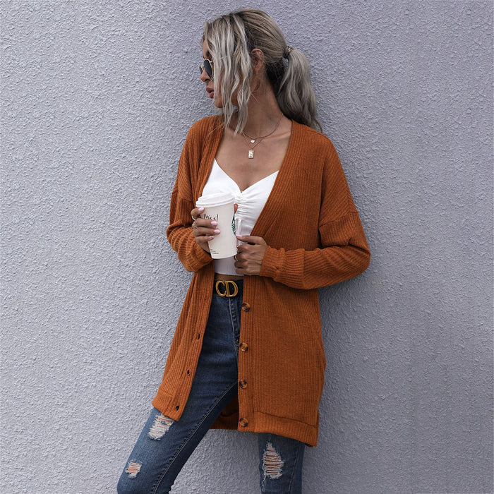 Color-Autumn Long Sleeves Outerwear Knitted V neck Cardigan Sweater Coat for Women-Fancey Boutique