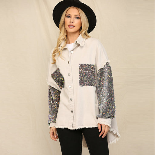 Color-Sequined Stitching Denim Long Sleeved Coat Mid Length Cardigan Loose Jacket Women-Fancey Boutique