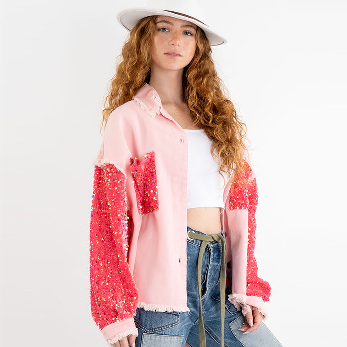 Color-Sequined Stitching Denim Long Sleeved Coat Mid Length Cardigan Loose Jacket Women-Fancey Boutique