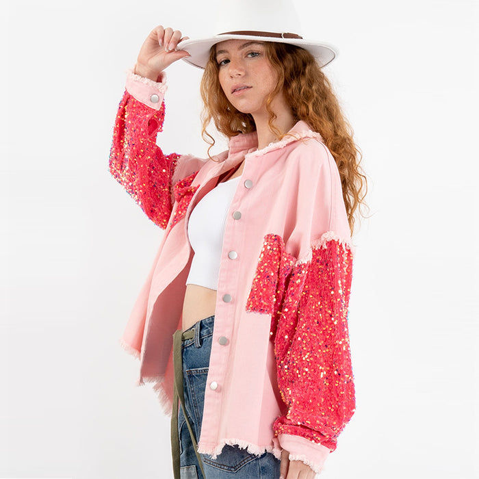 Color-Sequined Stitching Denim Long Sleeved Coat Mid Length Cardigan Loose Jacket Women-Fancey Boutique