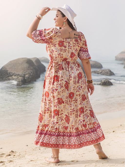 Color-Plus Size Vacation Seaside Casual Floral Print off Shoulder Girdle Ladies Dress-Fancey Boutique