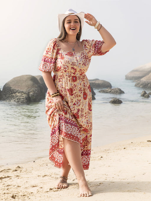 Color-Plus Size Vacation Seaside Casual Floral Print off Shoulder Girdle Ladies Dress-Fancey Boutique