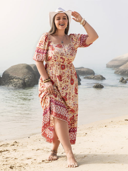 Color-Plus Size Vacation Seaside Casual Floral Print off Shoulder Girdle Ladies Dress-Fancey Boutique