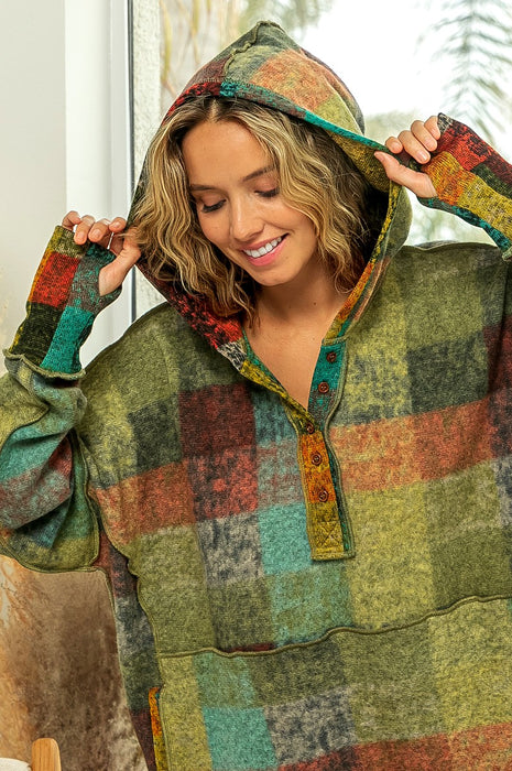 Color-Autumn Winter Women Color Plaid Hooded Pullover Fleece Sweater-Fancey Boutique