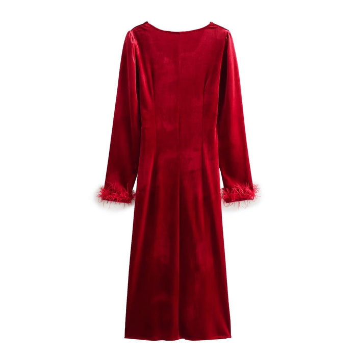Color-Women Clothing French Square Collar Long Sleeve Velvet Split Feather Sheath Dress-Fancey Boutique