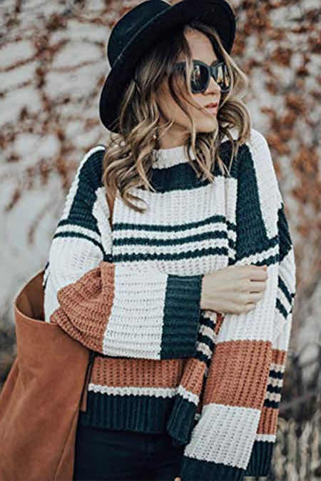 Color-Autumn Winter Women Loose Pullover Patchwork Thick Knitwear Striped Sweater-Fancey Boutique