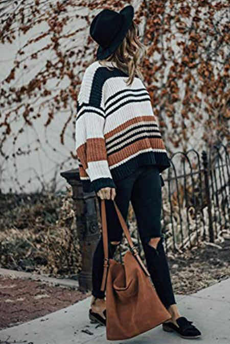 Color-Autumn Winter Women Loose Pullover Patchwork Thick Knitwear Striped Sweater-Fancey Boutique