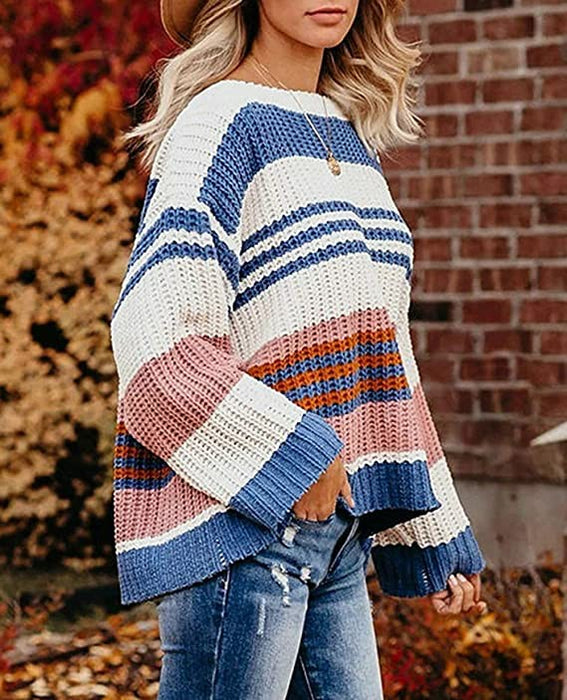 Color-Autumn Winter Women Loose Pullover Patchwork Thick Knitwear Striped Sweater-Fancey Boutique