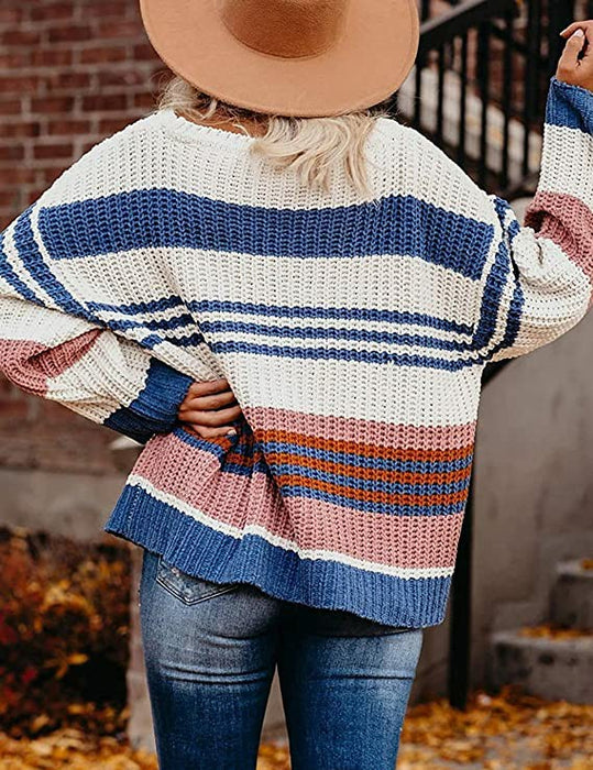 Color-Autumn Winter Women Loose Pullover Patchwork Thick Knitwear Striped Sweater-Fancey Boutique