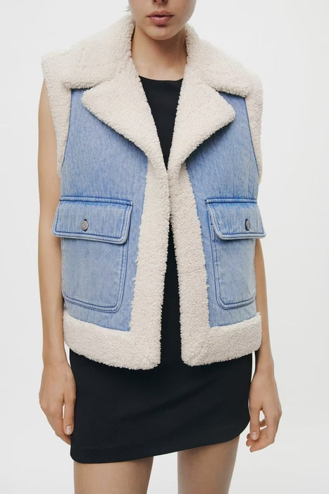 Color-Autumn Winter Collared Thickening Warm Sleeveless Lamb Wool Denim Waistcoat Vest-Fancey Boutique