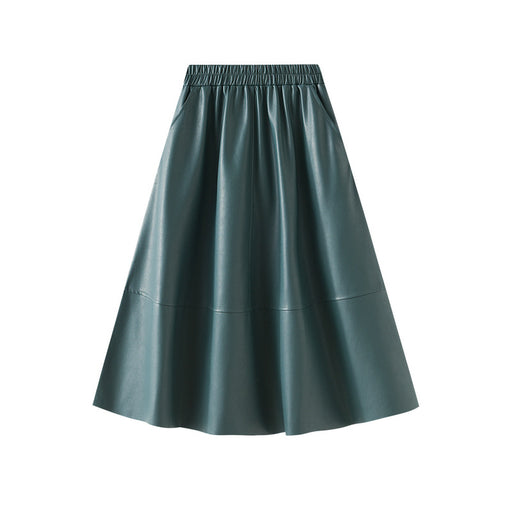 Color-Artificial Leather Retro Leather Skirt Mid Length Skirt Women High Waist A Line Skirt Long Skirt Elegant Umbrella Skirt-Fancey Boutique
