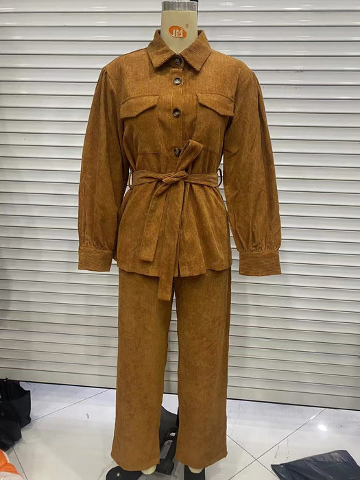 Color-Fall Women Long leeved Corduroy Belt Shirt-Fancey Boutique