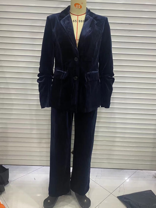 Color-Women Clothing Solid Color Long Sleeve Velvet Pleated Blazer Velvet Trousers Suit-Fancey Boutique