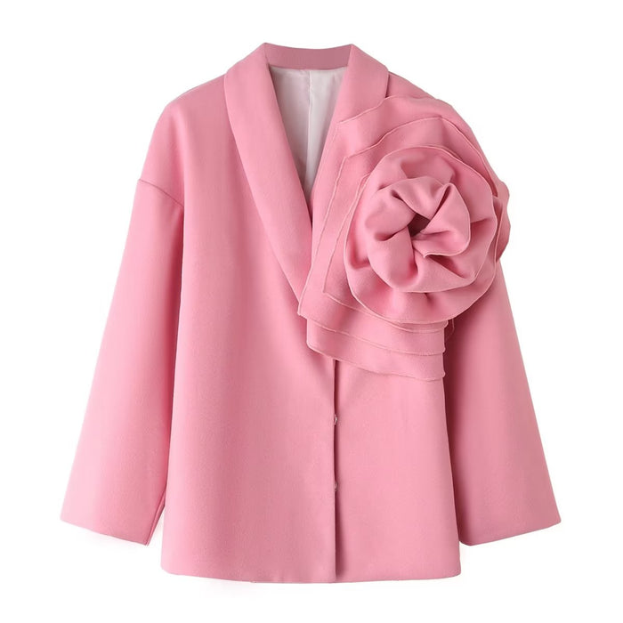 Color-Winter Fashionable Western Three Dimensional Floral Decoration All Match Pink Woolen Blazer Women-Fancey Boutique