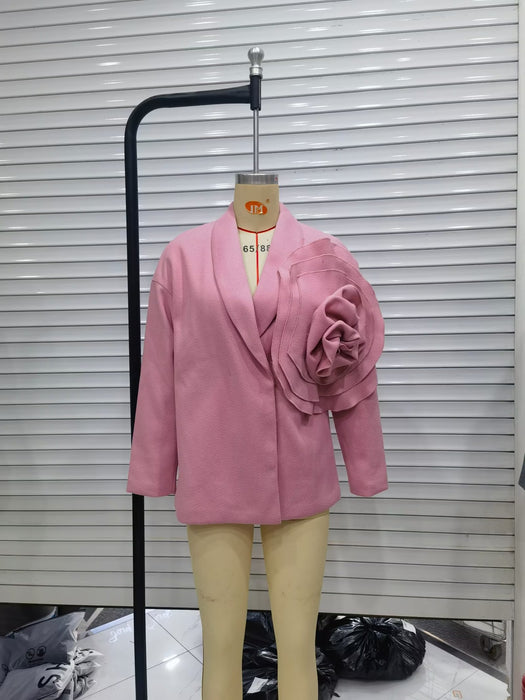 Color-Winter Fashionable Western Three Dimensional Floral Decoration All Match Pink Woolen Blazer Women-Fancey Boutique