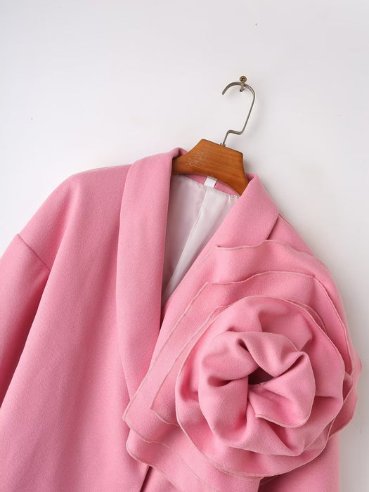 Color-Winter Fashionable Western Three Dimensional Floral Decoration All Match Pink Woolen Blazer Women-Fancey Boutique