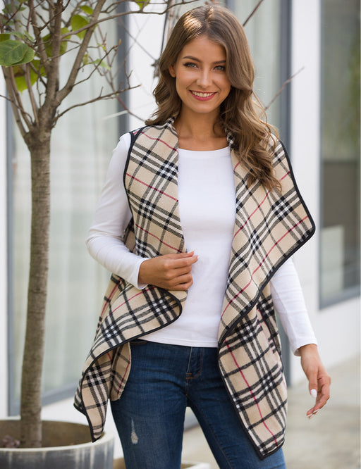 Color-Spring Summer Women Clothing Vest Top Plaid Collared Sleeveless Cape Woolen Coat-Fancey Boutique