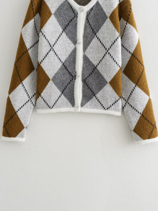 Color-Autumn Winter Preppy Shu Diamond Pattern Soft Glutinous Woolen Knit Cardigan Single Breasted Short Coat Women-Fancey Boutique