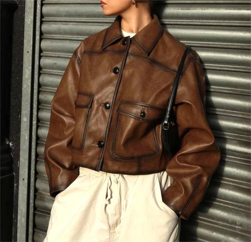 Color-Kendall Jenner Maillard Hand Rub Color Vintage Brown Cropped Leather Coat Women Autumn Winter Trendy Cool Motorcycle Jacket-Fancey Boutique