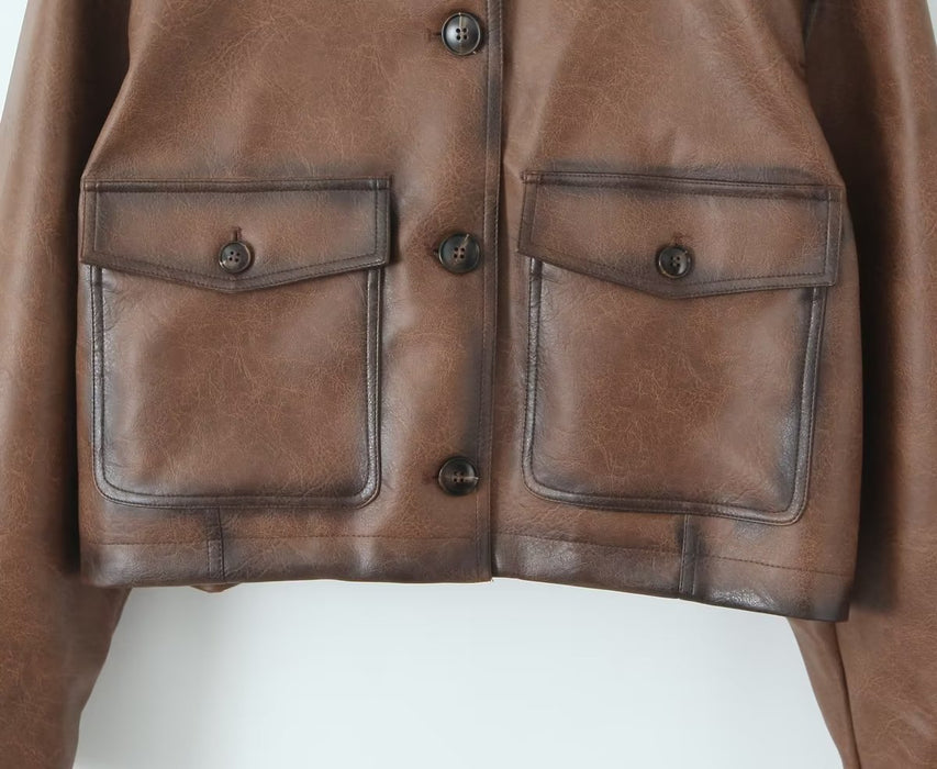 Color-Kendall Jenner Maillard Hand Rub Color Vintage Brown Cropped Leather Coat Women Autumn Winter Trendy Cool Motorcycle Jacket-Fancey Boutique