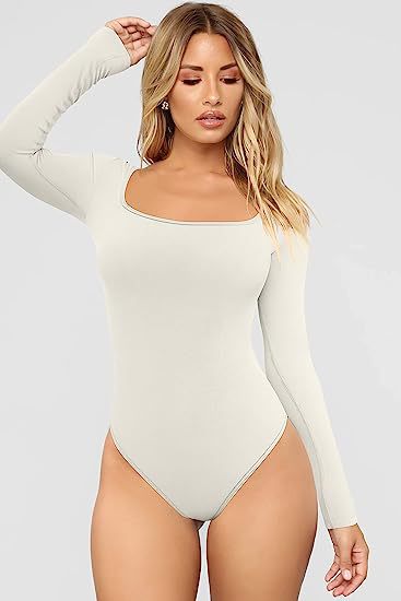 Color-Sexy Slim Rib Tight Square Collar Long Sleeve Jumpsuit Women-Fancey Boutique