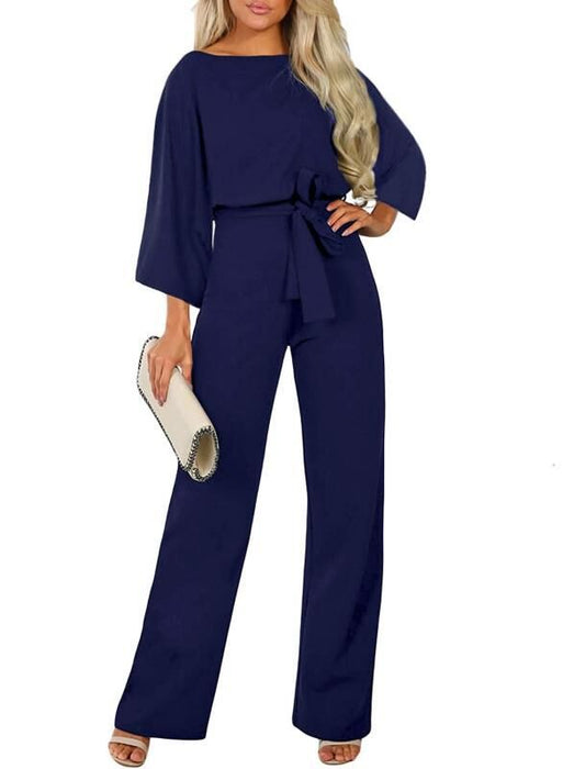 Color-Navy Blue-Fall Winter Batwing Long Sleeve Lace Up Women One Piece Trousers-Fancey Boutique