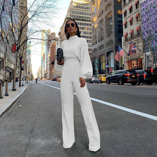 Color-Solid Color Turtleneck Backless Long Sleeves Casual One piece Trousers-Fancey Boutique