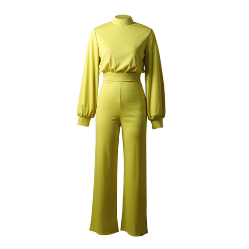 Color-Yellow-Solid Color Turtleneck Backless Long Sleeves Casual One piece Trousers-Fancey Boutique
