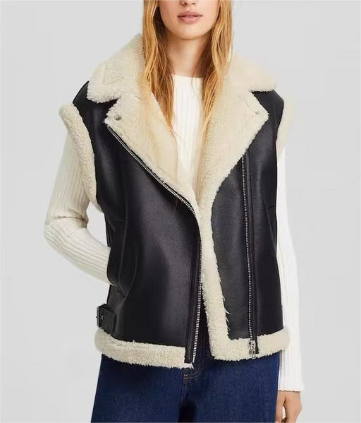 Color-Korean Autumn Winter Loose Motorcycle Lamb Wool Vest Women Faux Shearling Jacket Thickening Vest All Match Waistcoat Outerwear-Fancey Boutique