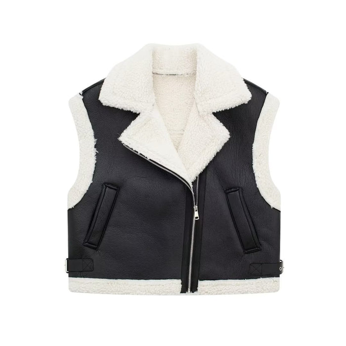 Color-Korean Autumn Winter Loose Motorcycle Lamb Wool Vest Women Faux Shearling Jacket Thickening Vest All Match Waistcoat Outerwear-Fancey Boutique