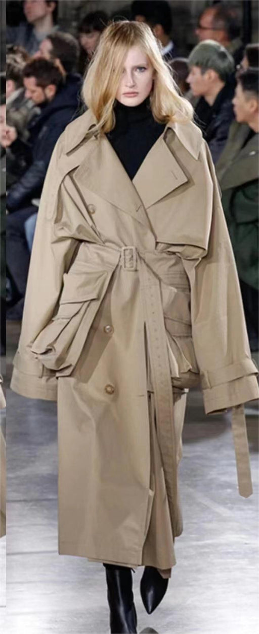 Color-Khaki Cotton Trench Coat Women Spring British Long Below The Knee Removable Large Pocket Tie Front Top-Fancey Boutique