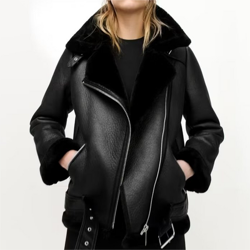 Color-Motorcycle Personalized Trendy Grace Collared Baggy Coat Fall Winter Oblique Zipper Warm Leather Coat-Fancey Boutique