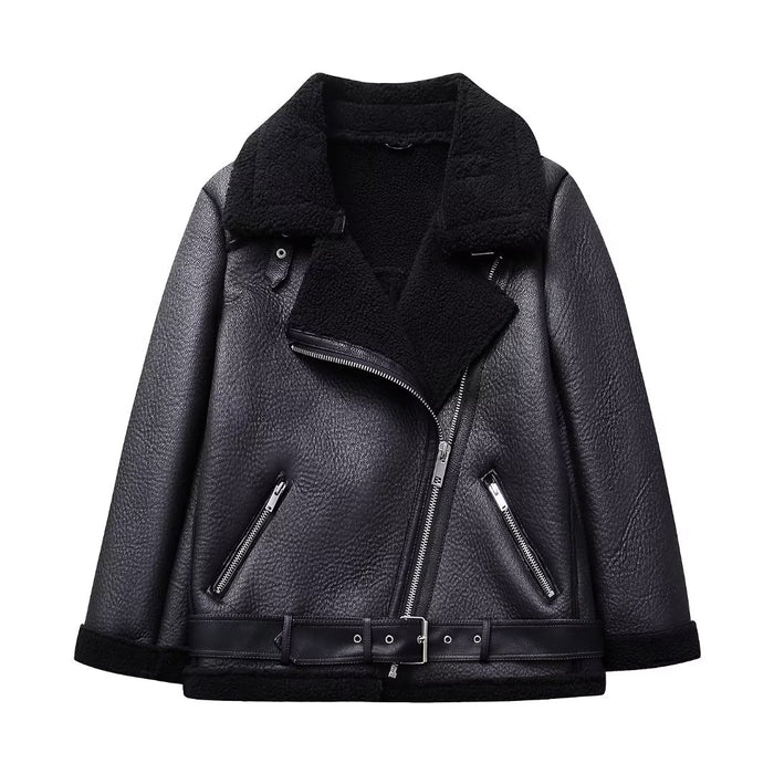 Color-Motorcycle Personalized Trendy Grace Collared Baggy Coat Fall Winter Oblique Zipper Warm Leather Coat-Fancey Boutique