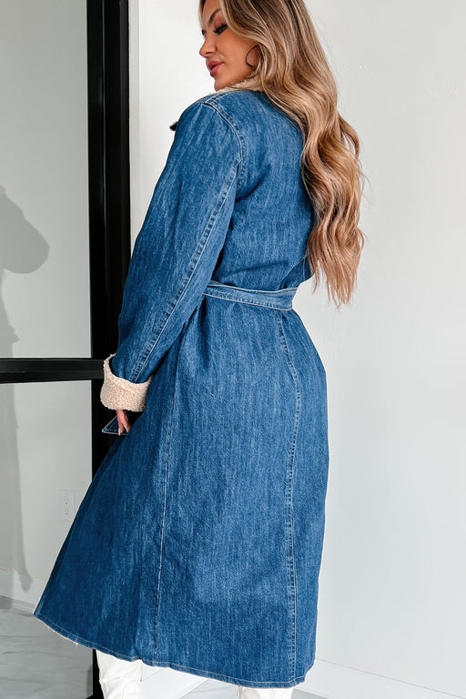 Color-Autumn Winter Elegant Women Coat Lambswool Collared Quilted Cotton Lining Lace up Double Pocket Denim Trench Coat-Fancey Boutique