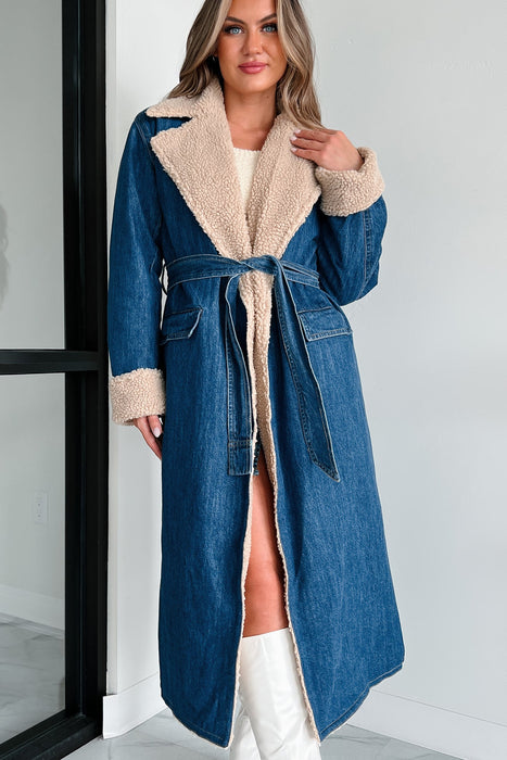 Color-Autumn Winter Elegant Women Coat Lambswool Collared Quilted Cotton Lining Lace up Double Pocket Denim Trench Coat-Fancey Boutique