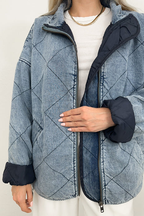 Color-Autumn Women Denim Quilted Cotton Padded Collared Loose Double Pocket Jacket-Fancey Boutique